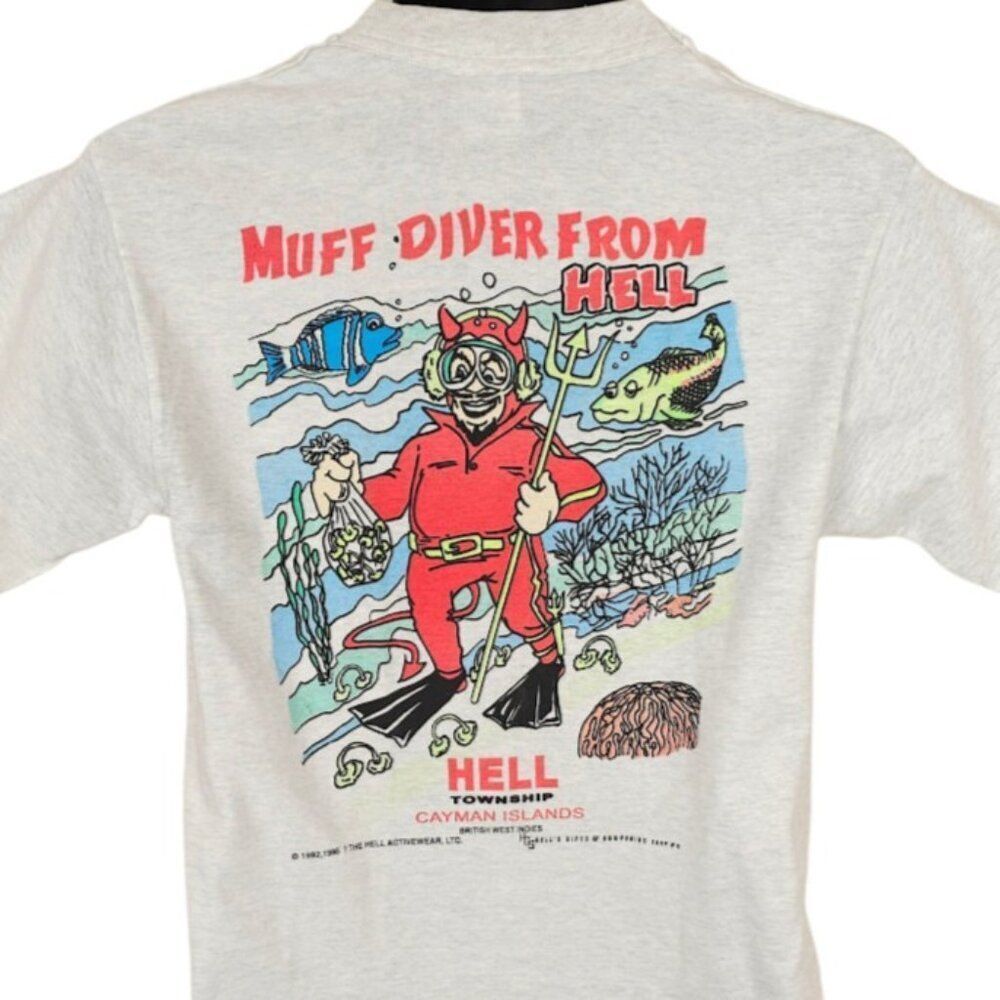 Vintage Muff Diver T Shirt Mens Size Small Gray 90s Hell Caymans Made In USA